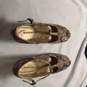 Madden Girl Tan Snake-Print T-Strap Pumps